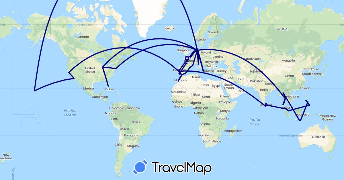 TravelMap itinerary: driving in Belgium, Germany, Spain, France, Gibraltar, Indonesia, Italy, Sri Lanka, Morocco, Malaysia, Netherlands, Philippines, Portugal, Singapore, Thailand, United States (Africa, Asia, Europe, North America)